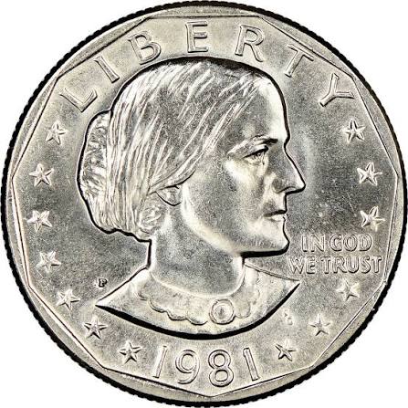 1981-P Susan B. Anthony dollar obverse showing Philadelphia P mintmark and Susan B. Anthony portrait