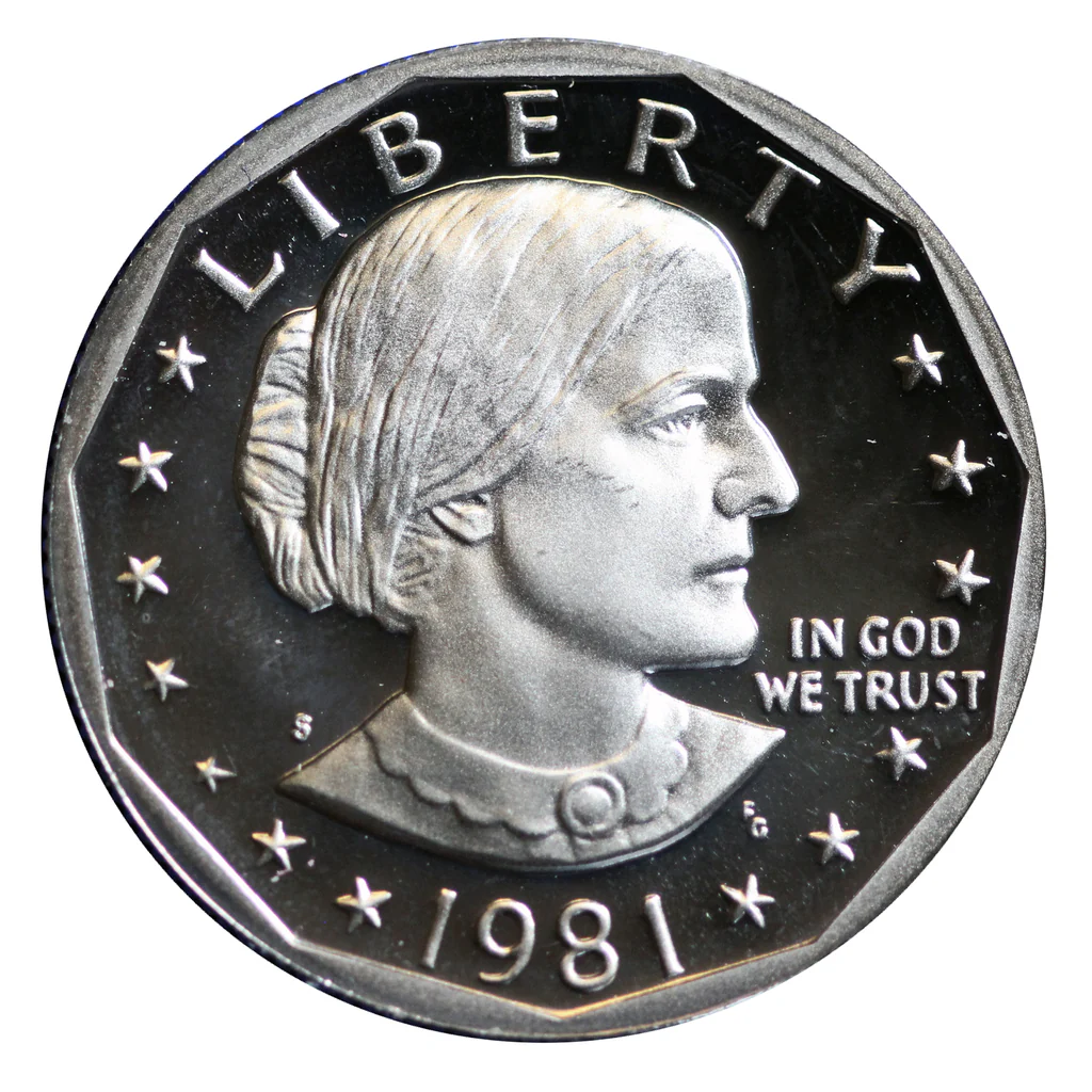 1981-S Susan B. Anthony dollar business strike in gem uncirculated condition showing S mintmark and brilliant luster