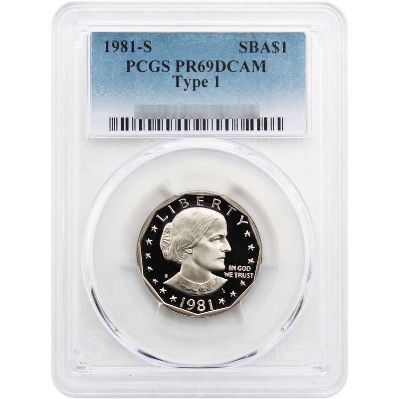 1981-S Type 1 proof Susan B. Anthony dollar showing Deep Cameo frosted portrait against mirror fields