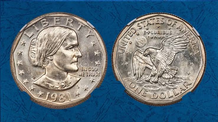 1981 Susan B. Anthony dollar double strike error coin showing overlapping design impressions