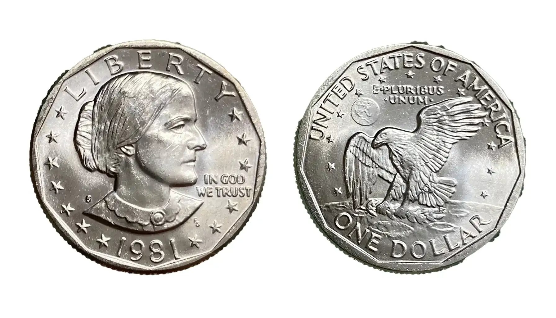 1981 Susan B. Anthony dollars from Philadelphia, Denver, and San Francisco mints shown together