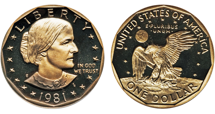 1981 Susan B. Anthony dollar grading strip showing four condition tiers from worn to gem uncirculated
